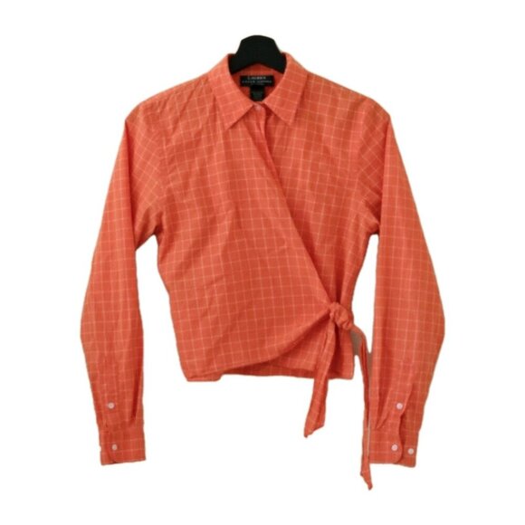 Lauren Ralph Lauren Top Womens Petite M Orange Plaid Cropped LS Tie Front Preppy - Picture 1 of 16